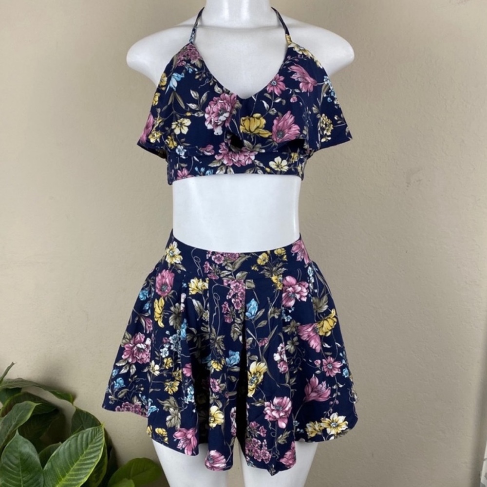 High waisted navy floral shorts with crop top set